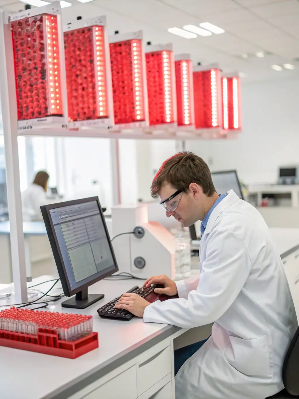 A professional scientist in a white lab coat reviewing data on a digital tablet, surrounded by modern lab equipment, symbolizing credibility and expertise.