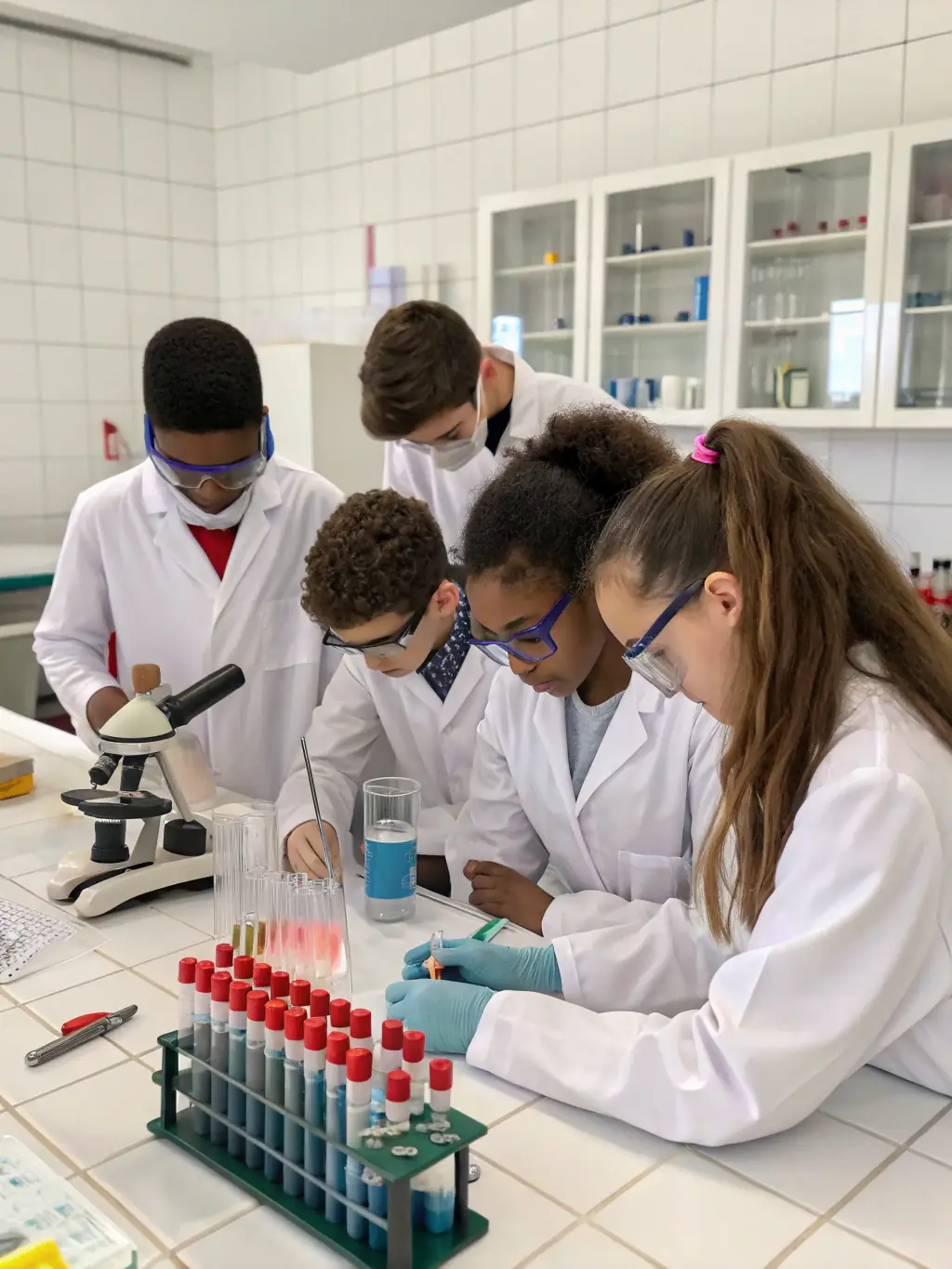 A group of diverse scientists collaborating around a lab bench, sharing ideas and discussing results, representing community and knowledge sharing.