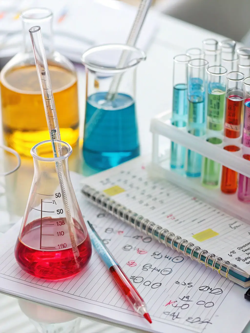A close-up photo of a transparent laboratory beaker with clear liquid, scientific instruments in the background, and a focus on clarity and openness, representing BioEdge Labs' commitment to transparency.